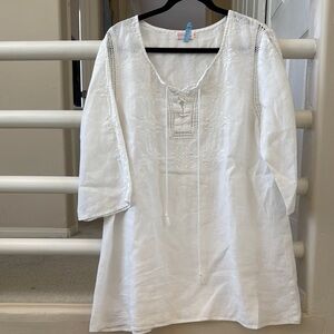 ❄️ Chic White Linen Embroidered Lace-Up Blouse SZ XL w flaws